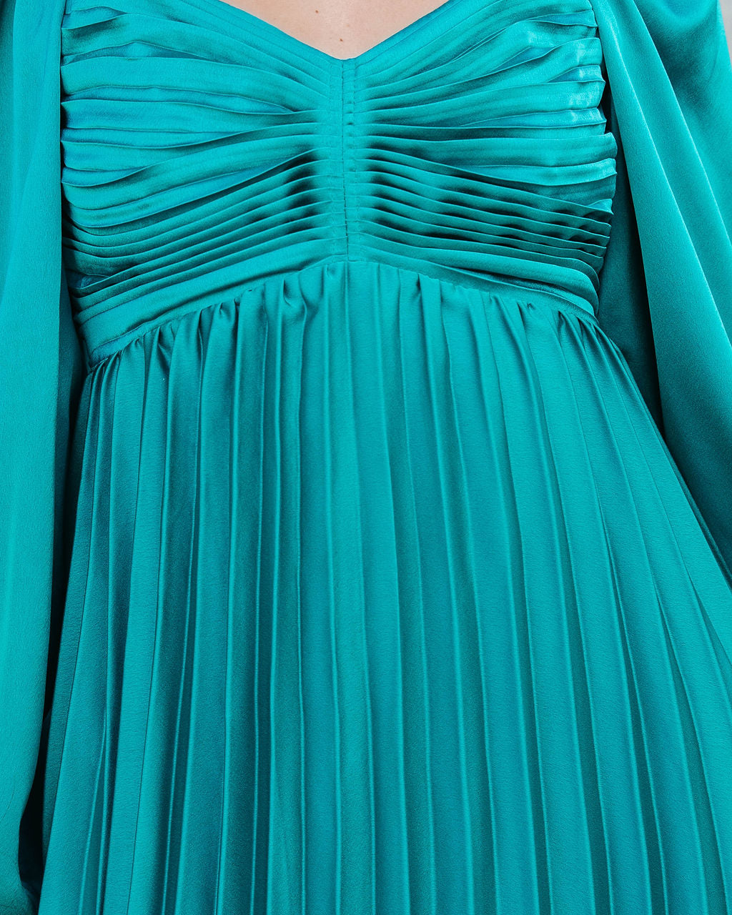 Romantic One Satin Pleated Midi Dress - Emerald