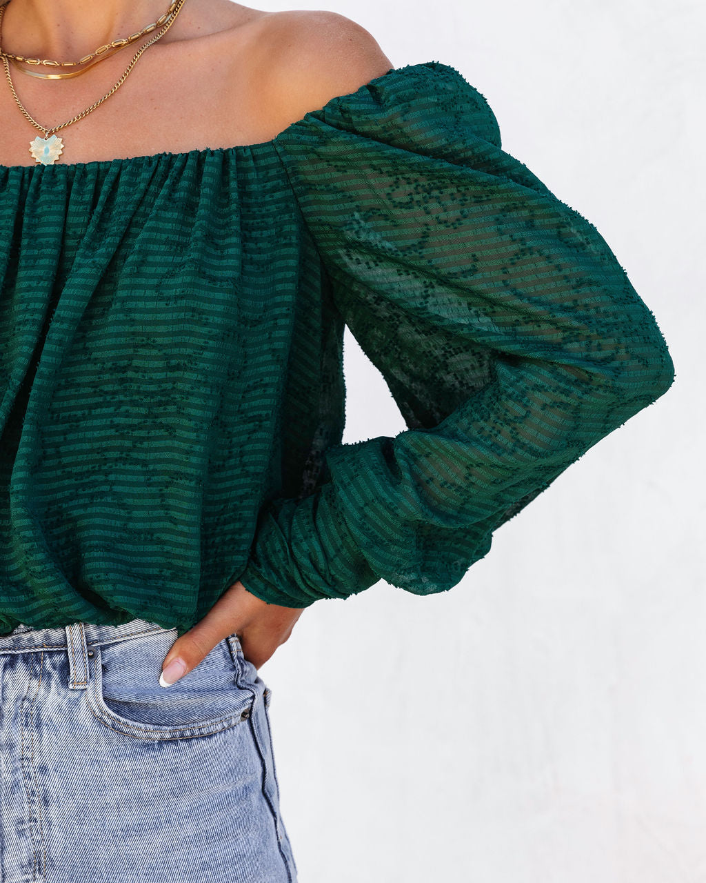 Everly Mine Off The Shoulder Long Sleeve Top - Hunter Green