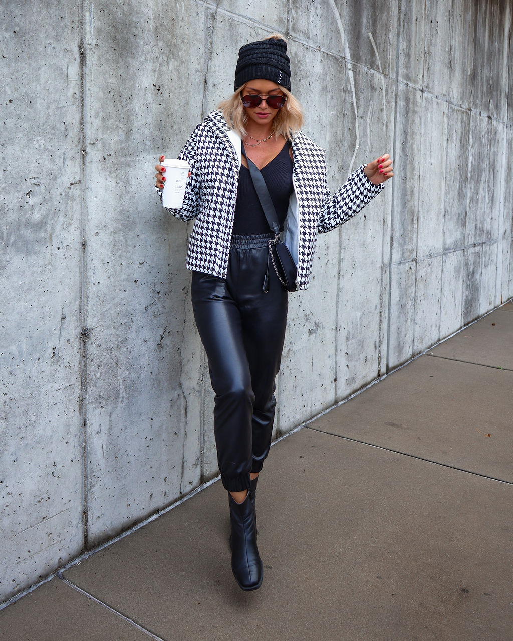 Meet Me At The Rink Houndstooth Pocketed Puff Jacket