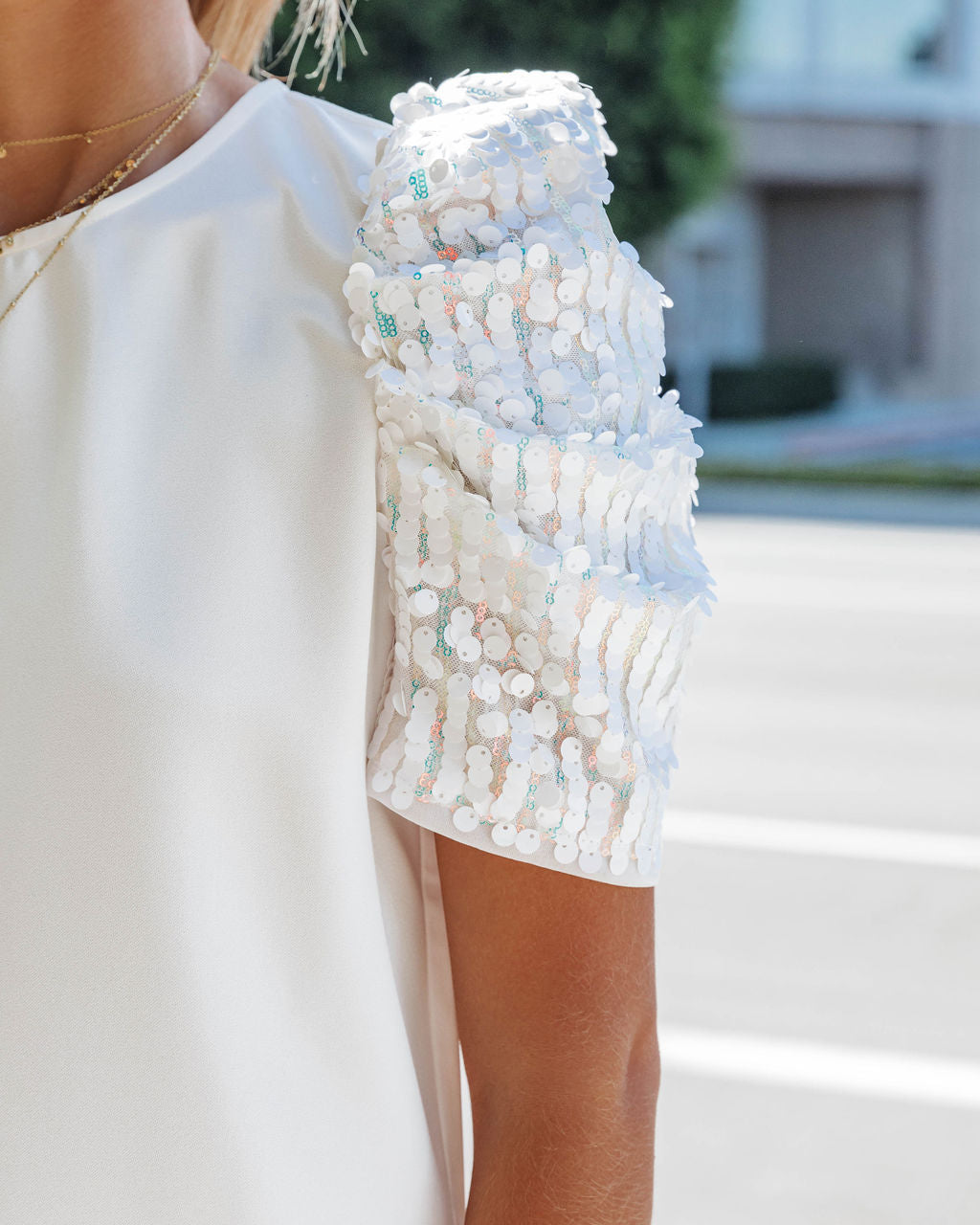 All That Glitz And Glam Sequins Puff Sleeve Top - White