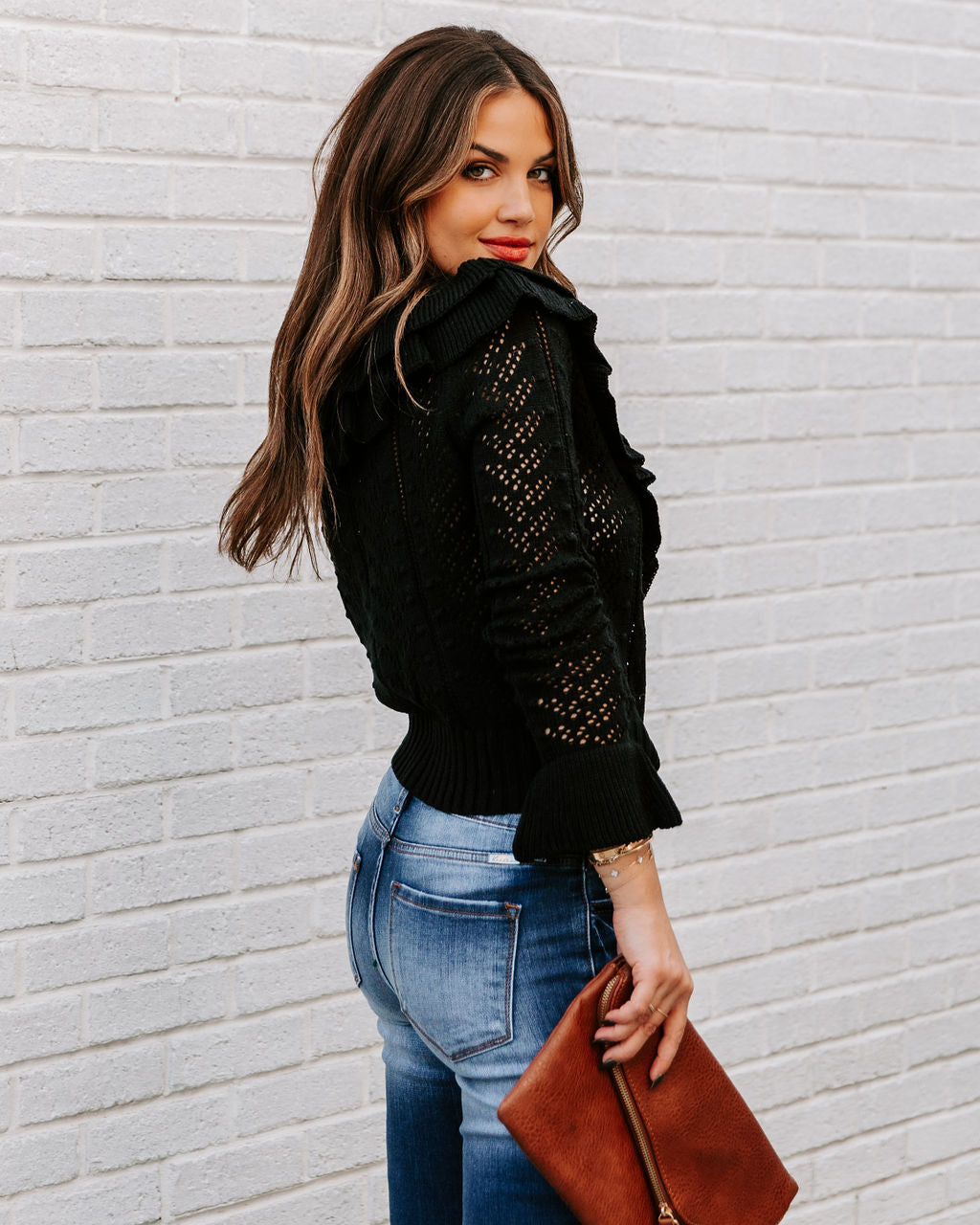 Janessa Ruffle Pointelle Knit Sweater - SALE