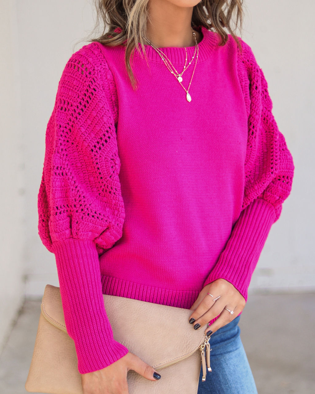 Naveen Cotton Blend Crochet Sleeve Sweater - Berry - SALE