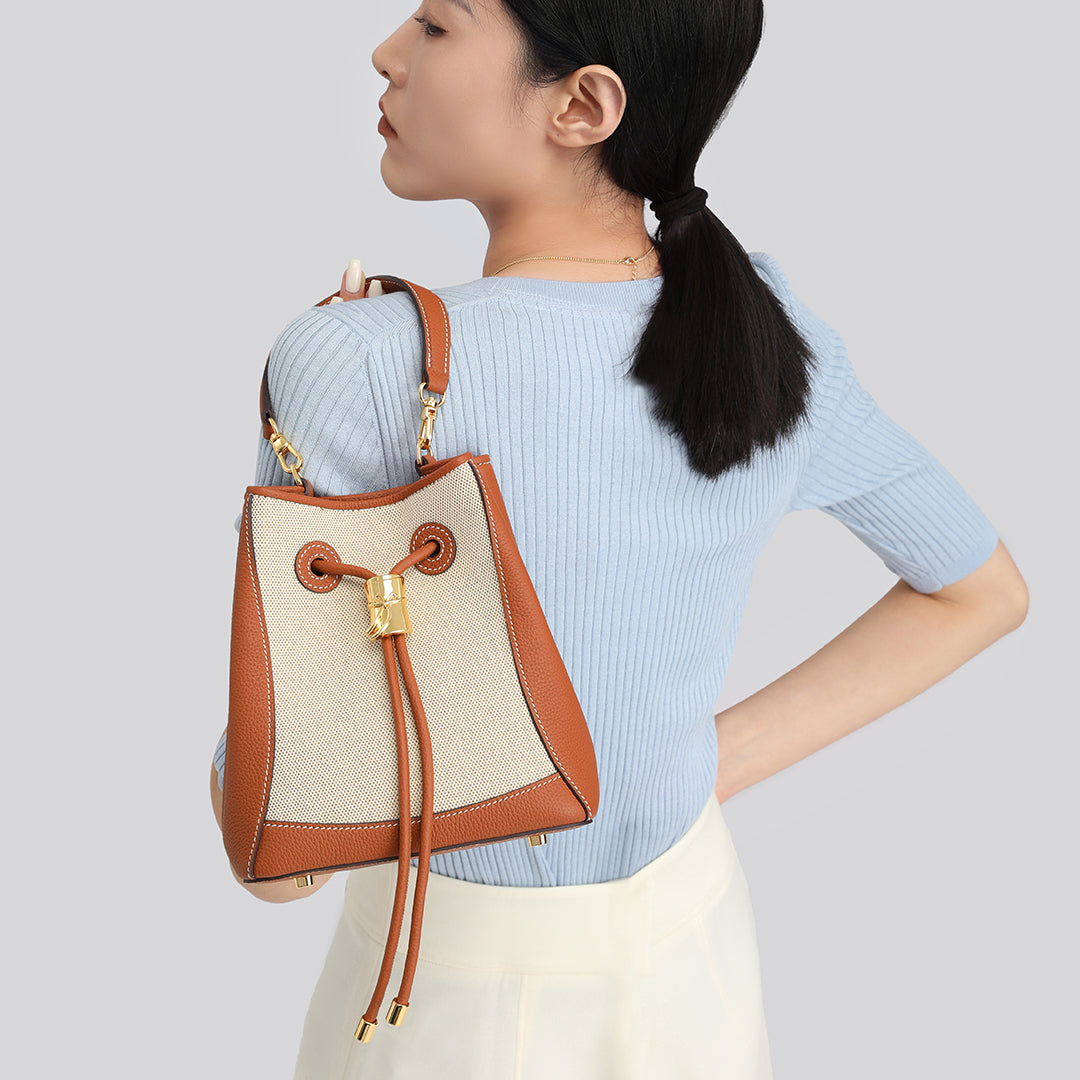 Handmade Gold Brown TOGO Leather Shoulder Bucket Bag - Small